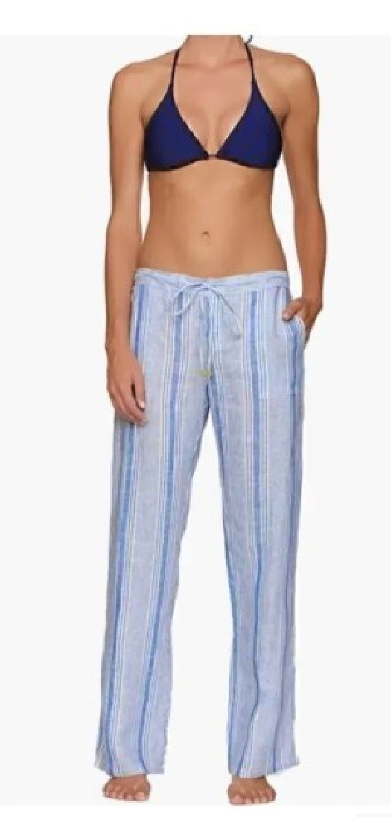 Helen Jon Marina 100% Linen Wide Leg Pant Small Beach Blue White Stripe Coverup